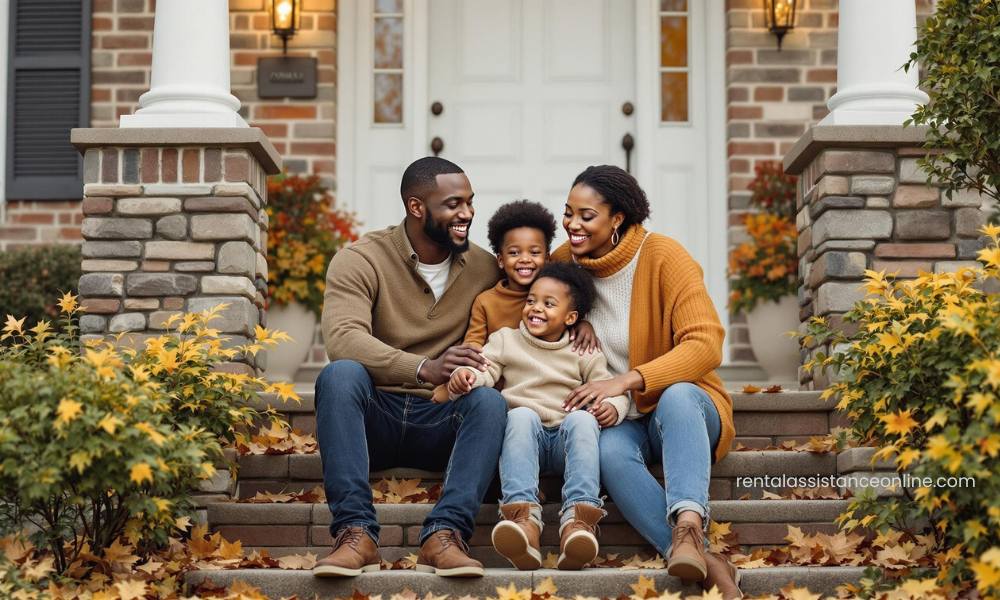Happy Tallahassee family on their home porch after receiving emergency rental assistance
