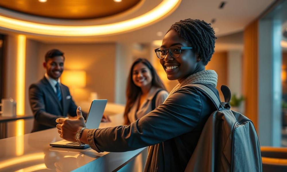 Happy lady checking into a hotel