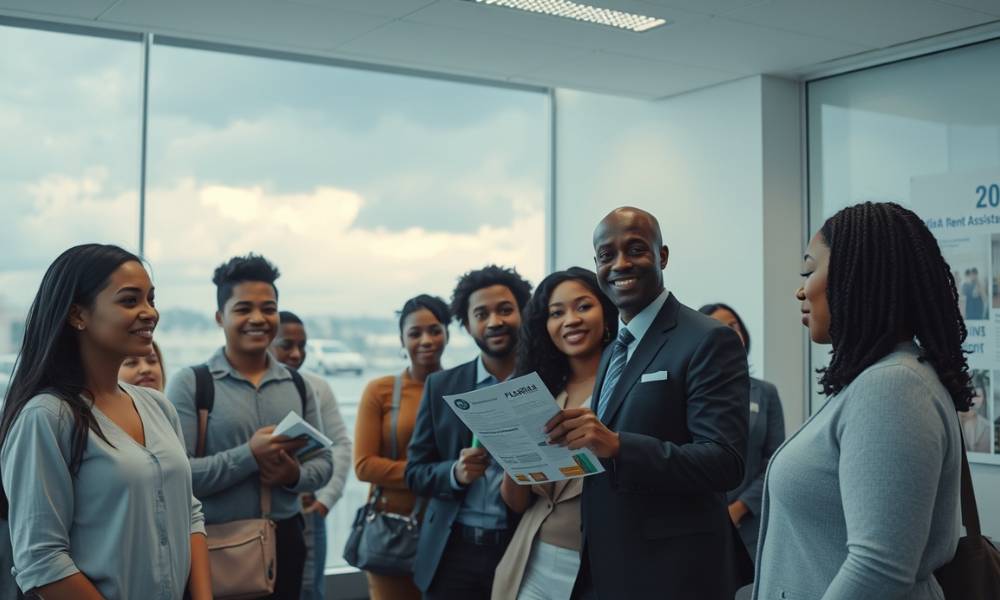 A diverse group of people waiting in a government office to apply for Florida rent assistance, with a housing officer handing out informational brochures.