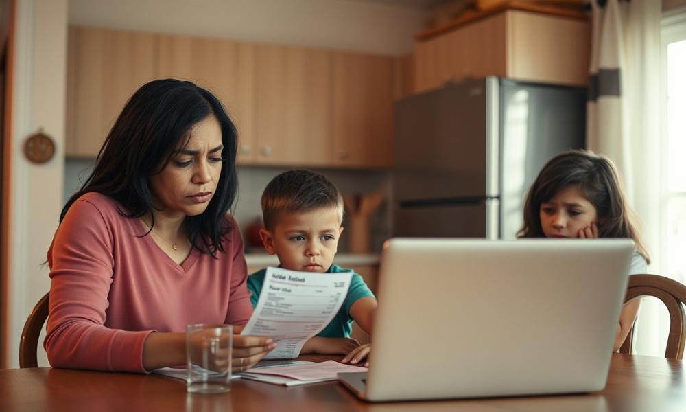 A concerned single mother and her child sitting at a kitchen table applying for Florida rent assistance, and reviewing overdue rent bills.