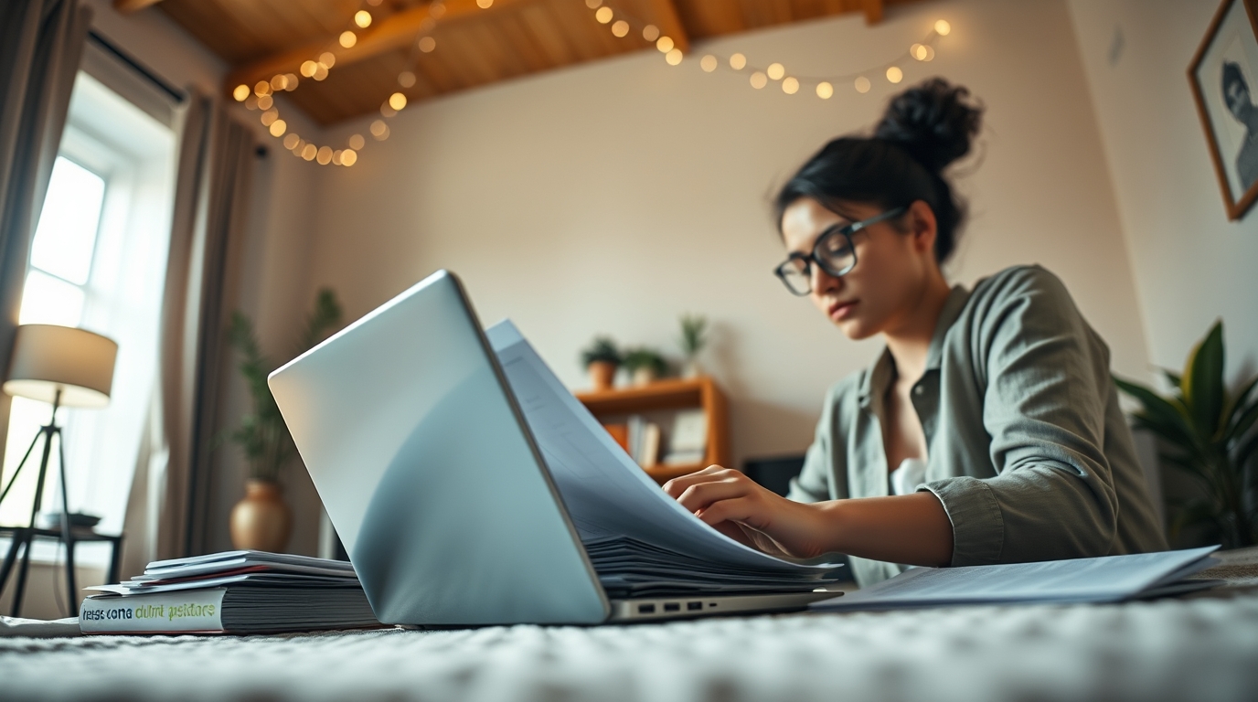 An infographic-style image displaying a checklist of required documents for rent assistance in Harris County. The list includes proof of income, identification, rental agreement, eviction notice (if applicable), and residency proof. A person is seen organizing papers and using a laptop to submit an application