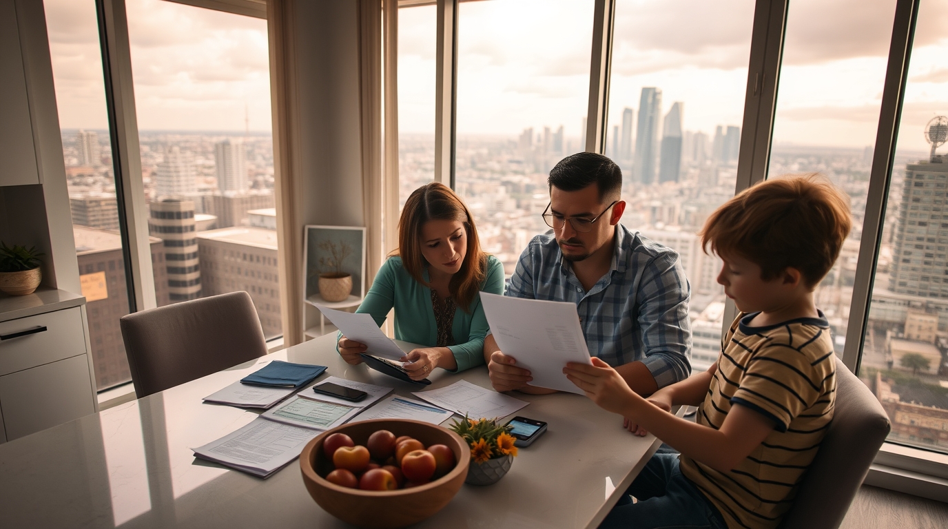 A worried family sits at their kitchen table in a modest apartment, looking at bills and discussing rent payment. The mother holds a calculator while the father looks concerned. A rent due notice is visible on the table, and a young child sits nearby, unaware of the stress.