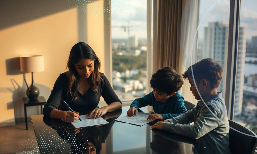 A mother and two children filling out rental assistance paperwork in Hialeah