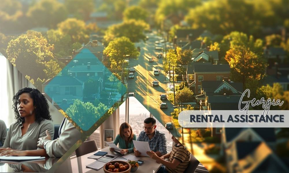 Collage image showing a diverse group discussing paperwork in an office setting alongside an aerial view of a suburban neighborhood in Georgia, with a text overlay reading 'Georgia Rental Assistance'. Keywords: emergency rental assistance, Georgia, rental help, financial aid, housing support.